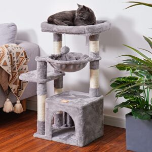 Heybly Cat Tree for Indoor Cats, Cat Tower condo for Kitten, Cat House with Padded Plush Perch, Cozy Hammock and Sisal Scratching Posts, Light Gray HCT003SW