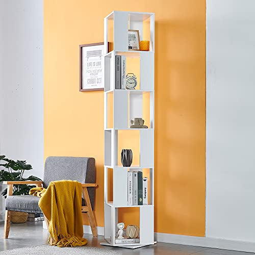 RVEE White Rotating Bookshelf 360°, 6 Tier Corner Bookcase for Living Room Floor Bookcase Wooden Bookshelf Home Office Corner Tall Bookcase (White)