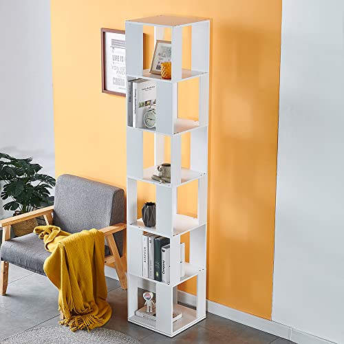 RVEE White Rotating Bookshelf 360°, 6 Tier Corner Bookcase for Living Room Floor Bookcase Wooden Bookshelf Home Office Corner Tall Bookcase (White)