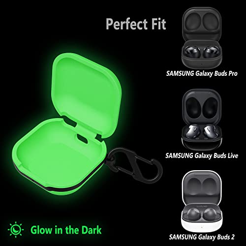 Geiomoo Silicone Case Compatible with Galaxy Buds 2 Pro, Galaxy Buds2, Galaxy Buds Pro, Galaxy Buds Live, Protective Cover with Carabiner (Luminous Green)