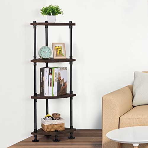 Corner Shelf Unit 4 Tier Small Corner Table Shelf Stand Rustic Storage Corner Shelving Bookcase Multipurpose Corner Display Rack Plant Stand for Living Room Kitchen Bathroom Brown