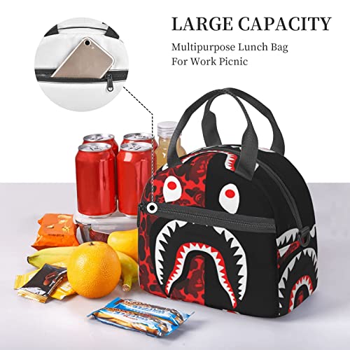 Lunch Bag For Women/Men Cooler Tote Bag Freezable Red-Black Shark Lunch Box With Adjustable Shoulder Strap One Size