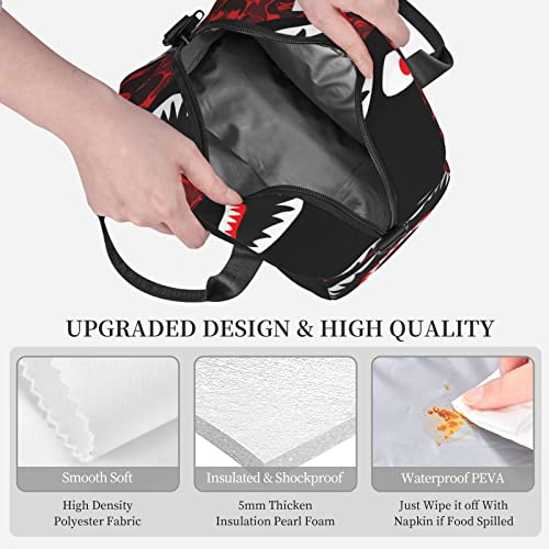 Lunch Bag For Women/Men Cooler Tote Bag Freezable Red-Black Shark Lunch Box With Adjustable Shoulder Strap One Size