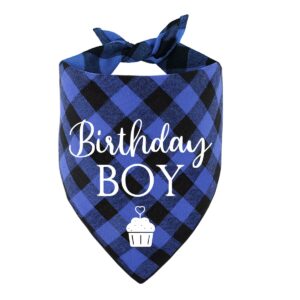 funny blue plaid cotton pet dog bandana, birthday boy dog scarf gender reveal photo prop accessories birthday party for pet dog master lovers owner gift
