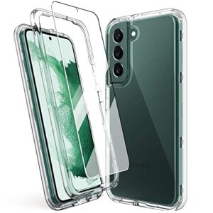 kiomy clear shockproof case for samsung galaxy s22 5g with 2 packs tempered glass screen protectors, 3 layers in 1 full body protection hard pc back and front cover with flexible tpu bumper shell