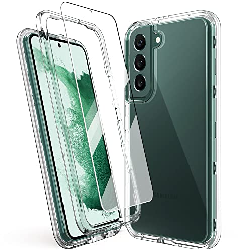 KIOMY Clear Shockproof Case for Samsung Galaxy S22 5G with 2 Packs Tempered Glass Screen Protectors, 3 Layers in 1 Full Body Protection Hard PC Back and Front Cover with Flexible TPU Bumper Shell