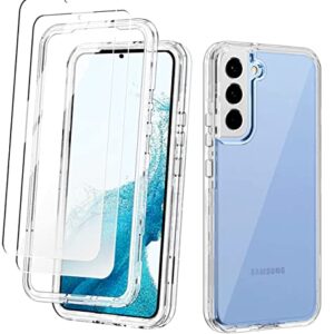 KIOMY Clear Shockproof Case for Samsung Galaxy S22 5G with 2 Packs Tempered Glass Screen Protectors, 3 Layers in 1 Full Body Protection Hard PC Back and Front Cover with Flexible TPU Bumper Shell