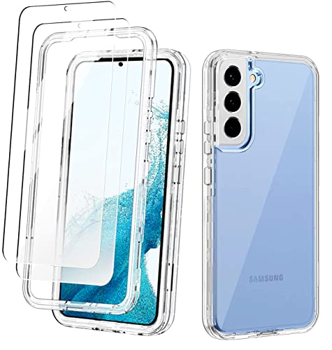 KIOMY Clear Shockproof Case for Samsung Galaxy S22 5G with 2 Packs Tempered Glass Screen Protectors, 3 Layers in 1 Full Body Protection Hard PC Back and Front Cover with Flexible TPU Bumper Shell