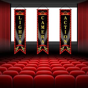 Tegeme Movie Night Porch Sign Banner Theme Party Decorations Theater Welcome Now Showing Lights Camera Action Hanging for Home Film Backdrop Supplies (Delicate Style, 3 Pieces)