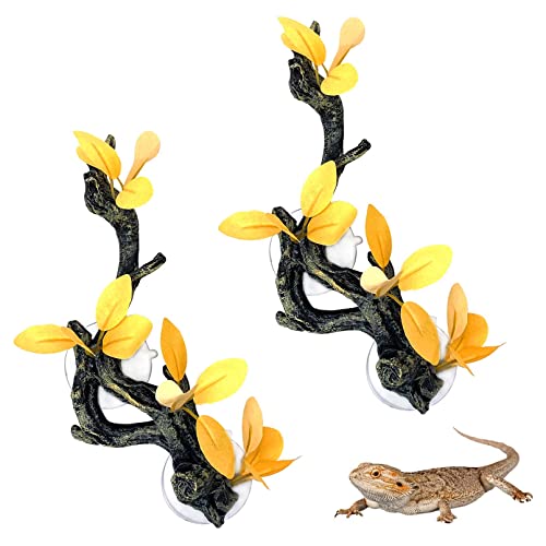 kathson Reptile Corner Branch, Lizard Climb Branches Decor Terrarium Plant Decoration with Suction Cup Reptile Tank Plant Ornament for Bearded Dragons Gecko Snake Spider Frog Climbing (Yellow)