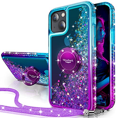 Silverback for iPhone 14 Plus Case, Moving Liquid Holographic Sparkle Glitter Case with Kickstand, Girls Women Bling Diamond Ring Slim Protective Case for Apple iPhone 14 Plus 5G 6.7''- Purple