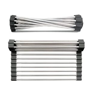 zeanoch dish drying rack over the sink sink drying rack, adjustable length, rolled up ，foldable，saves space, fits most sinks, stainless steel mat ,also great to use with kitchen sink mats (black)