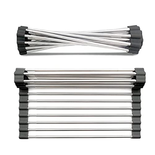 Zeanoch Dish Drying Rack Over The Sink Sink Drying Rack, Adjustable Length, Rolled Up ，Foldable，Saves Space, Fits Most Sinks, Stainless Steel Mat ,Also Great to Use with Kitchen Sink Mats (Black)