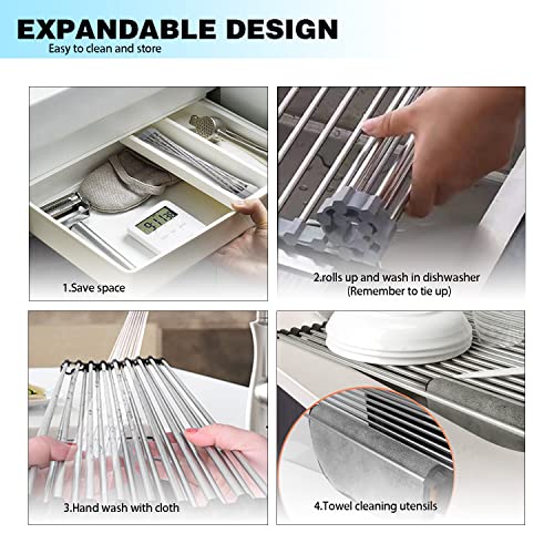 Zeanoch Dish Drying Rack Over The Sink Sink Drying Rack, Adjustable Length, Rolled Up ，Foldable，Saves Space, Fits Most Sinks, Stainless Steel Mat ,Also Great to Use with Kitchen Sink Mats (Black)