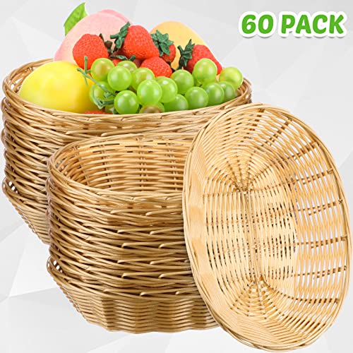 60 Pack Plastic Oval Basket Products Gift Basket Food Storage Basket Fruit Basket Hand Woven Baskets for Fruit, Arts, Crafts, Decor, Kitchen, Restaurant and Centerpiece Display, 9.1 x 6.3 x 2.4 Inch