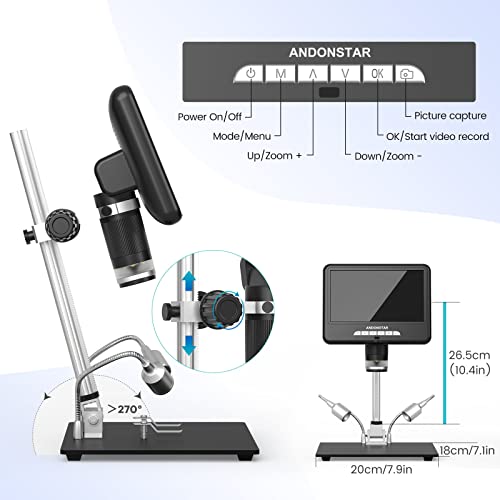 Andonstar AD207S Pro HDMI Digital Microscope, 2160P UHD Video Record, Soldering Microscope, Coin Microscope with 10 inch Stand for Full View, Bottom Light with Prepared Slides, Electronic Microscope