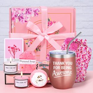 thank you baskets for women, appreciation gifts box, gratitude spa care package for coworker employee boss hostess secretary nurse volunteer, 12oz stainless steel wine tumbler