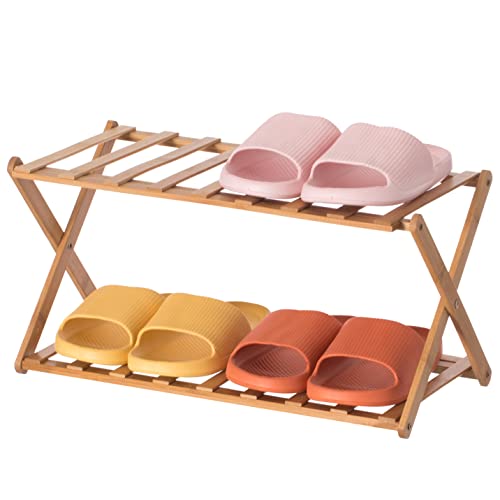 Basicwise Bamboo Foldable Shoe Rack, Free Standing Shoe Organizer Storage Rack (2 Tier), Natural (QI004329.2)