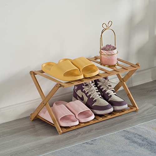 Basicwise Bamboo Foldable Shoe Rack, Free Standing Shoe Organizer Storage Rack (2 Tier), Natural (QI004329.2)