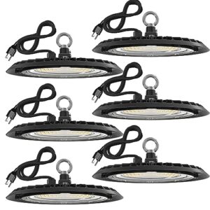 sunco 6 pack ufo led plug & play high bay light, lighting for warehouse, 5000k daylight, 150w, power cord included, 19500 lm, 120vac, ip65 waterproof shatterproof fixture - ul listed