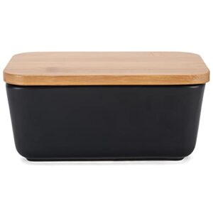 nat & jules matte black 6.5 x 4 ceramic and bamboo butter dish with lid