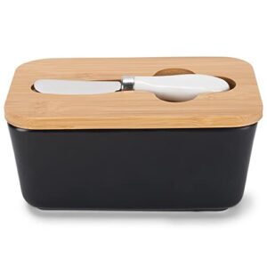 nat & jules matte black 6.5 x 4 ceramic and bamboo butter dish with knife lid