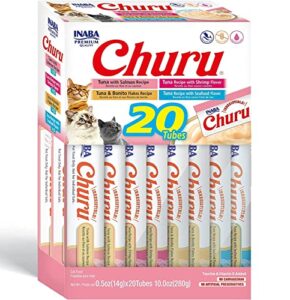 inaba churu cat treats, grain-free, lickable, squeezable creamy purée cat treat/topper with vitamin e & taurine, 0.5 ounces each tube, 20 tubes, seafood variety box