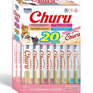 INABA Churu Cat Treats, Grain-Free, Lickable, Squeezable Creamy Purée Cat Treat/Topper with Vitamin E & Taurine, 0.5 Ounces Each Tube, 20 Tubes, Seafood Variety Box