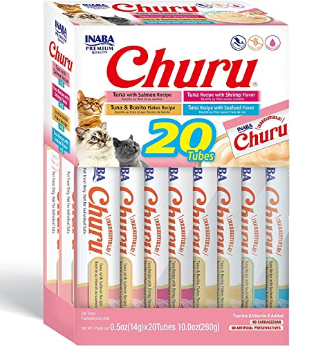 INABA Churu Cat Treats, Grain-Free, Lickable, Squeezable Creamy Purée Cat Treat/Topper with Vitamin E & Taurine, 0.5 Ounces Each Tube, 20 Tubes, Seafood Variety Box