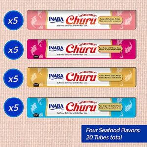 INABA Churu Cat Treats, Grain-Free, Lickable, Squeezable Creamy Purée Cat Treat/Topper with Vitamin E & Taurine, 0.5 Ounces Each Tube, 20 Tubes, Seafood Variety Box