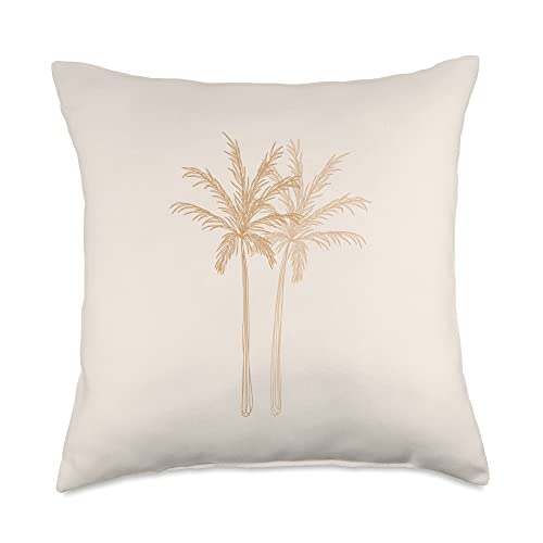 Brown Bohemian Abstract Tropical Botanical Art Muted Neutral Minimalist Line Art Coconut Palm Trees Sketch Throw Pillow, 18x18, Multicolor