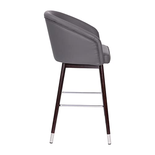 Flash Furniture Margo Commercial Grade Mid-Back Barstool - Gray LeatherSoft Upholstery - Walnut Finish Beechwood Legs with Brushed Silver Accents - 30" Bar Stool