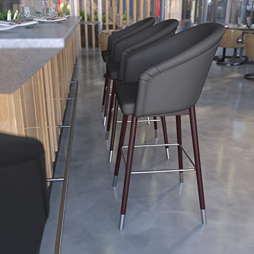 Flash Furniture Margo Commercial Grade Mid-Back Barstool - Gray LeatherSoft Upholstery - Walnut Finish Beechwood Legs with Brushed Silver Accents - 30" Bar Stool