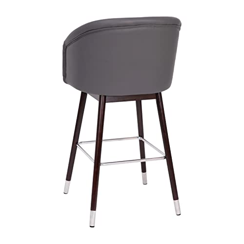 Flash Furniture Margo Commercial Grade Mid-Back Barstool - Gray LeatherSoft Upholstery - Walnut Finish Beechwood Legs with Brushed Silver Accents - 30" Bar Stool