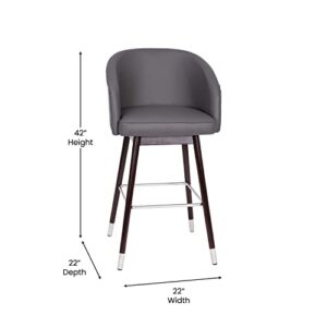 Flash Furniture Margo Commercial Grade Mid-Back Barstool - Gray LeatherSoft Upholstery - Walnut Finish Beechwood Legs with Brushed Silver Accents - 30" Bar Stool