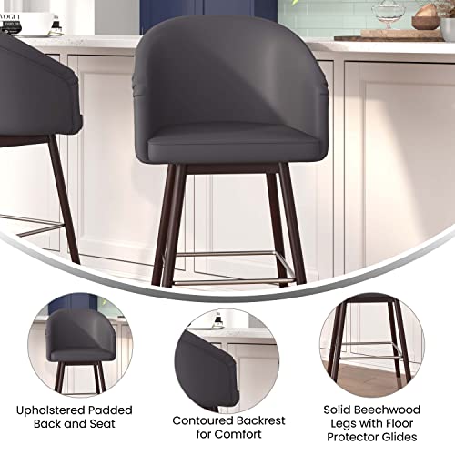 Flash Furniture Margo Commercial Grade Mid-Back Barstool - Gray LeatherSoft Upholstery - Walnut Finish Beechwood Legs with Brushed Silver Accents - 30" Bar Stool