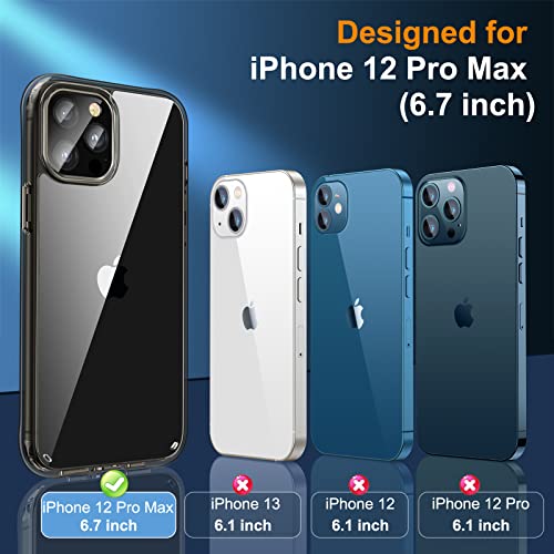UniqueMe [5 in 1 Design for iPhone 12 Pro Max 6.7 inch Case, 2 Pack Screen Protector Tempered Glass + 2 Pack Camera Lens Protector, [Non-Yellowing] Shockproof Ultra Thin Protective Cover-Clear Black