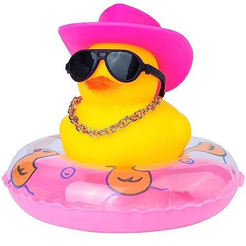 MuMyer Duck Car Dashboard Decorations Rubber Duck Car Ornaments for Car Dashboard Decoration Accessories with Mini Swim Ring Sun Hat Necklace and Sunglasses (Cowboy Hat&Pink Duck)