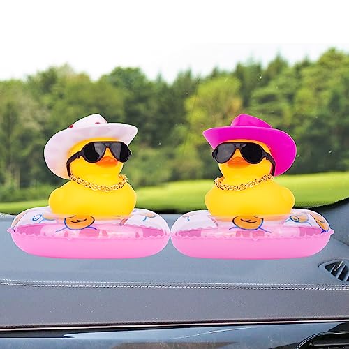 MuMyer Duck Car Dashboard Decorations Rubber Duck Car Ornaments for Car Dashboard Decoration Accessories with Mini Swim Ring Sun Hat Necklace and Sunglasses (Cowboy Hat&Pink Duck)