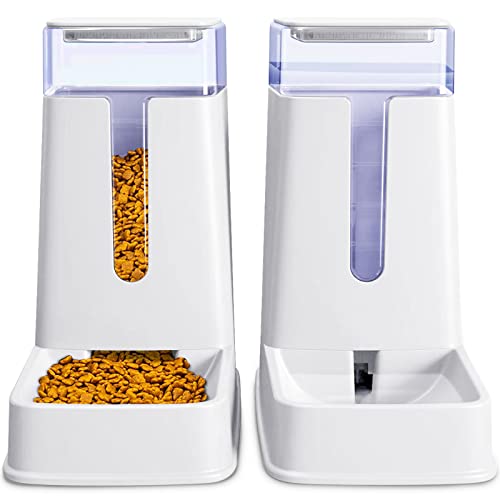 Automatic Cat Feeder and Water Dispenser in Set 2 Packs 1 Gallon for Small Medium Big Dog Pets Puppy Kitten (White)
