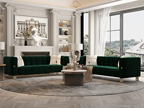 ANTTYBALE 2PCS Mid Century Modern Button Tufted Velvet Living Room Couch Loveseat Sofa with Gold Metal Legs and 2 Throw Pillows, 89 inch (2pcs Green)