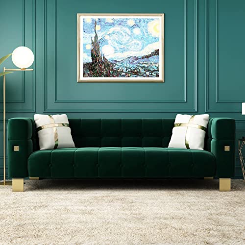 ANTTYBALE 2PCS Mid Century Modern Button Tufted Velvet Living Room Couch Loveseat Sofa with Gold Metal Legs and 2 Throw Pillows, 89 inch (2pcs Green)