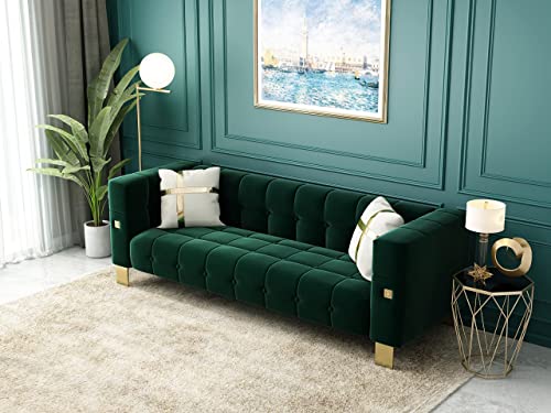 ANTTYBALE 2PCS Mid Century Modern Button Tufted Velvet Living Room Couch Loveseat Sofa with Gold Metal Legs and 2 Throw Pillows, 89 inch (2pcs Green)