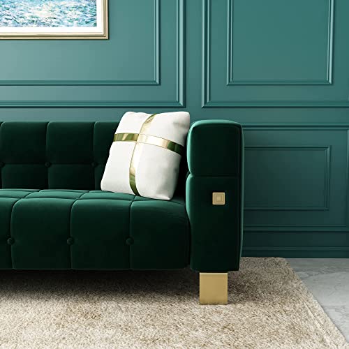 ANTTYBALE 2PCS Mid Century Modern Button Tufted Velvet Living Room Couch Loveseat Sofa with Gold Metal Legs and 2 Throw Pillows, 89 inch (2pcs Green)