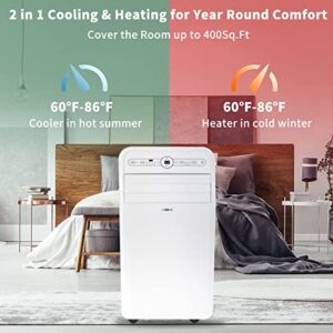 Uhome Portable Air Conditioner with Heat 12,000 BTU, Compact Portable AC Unit with Dehumidifier & Fan, Cools & Heats up to 400 Sq.ft, Remote Control and Window Kit Included, White