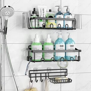 sixdove 3 pack shower caddy shelves with 22 hooks, soap holder organizer wall mounted shower rack basket with no drilling adhesive shower caddy rustproof storage organizer (black)