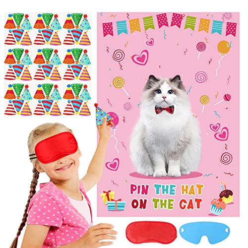 Waenerec Pin The Hat on The Cat with 54 Cat Birthday Hat Stickers Cat Party Games for Pet Kitten Meow Themed Birthday Party Decorations Supplies