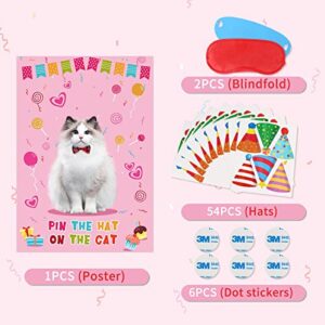 Waenerec Pin The Hat on The Cat with 54 Cat Birthday Hat Stickers Cat Party Games for Pet Kitten Meow Themed Birthday Party Decorations Supplies