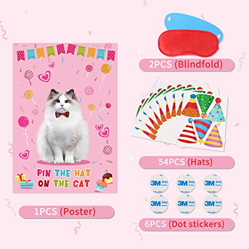 Waenerec Pin The Hat on The Cat with 54 Cat Birthday Hat Stickers Cat Party Games for Pet Kitten Meow Themed Birthday Party Decorations Supplies