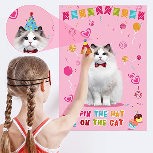 Waenerec Pin The Hat on The Cat with 54 Cat Birthday Hat Stickers Cat Party Games for Pet Kitten Meow Themed Birthday Party Decorations Supplies